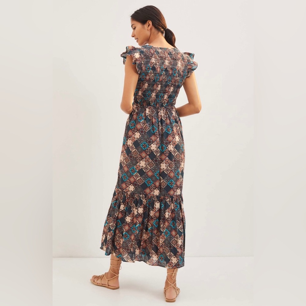 Anthropologie Blue & Brown Patterned Midi Dress - Picture 3 of 13